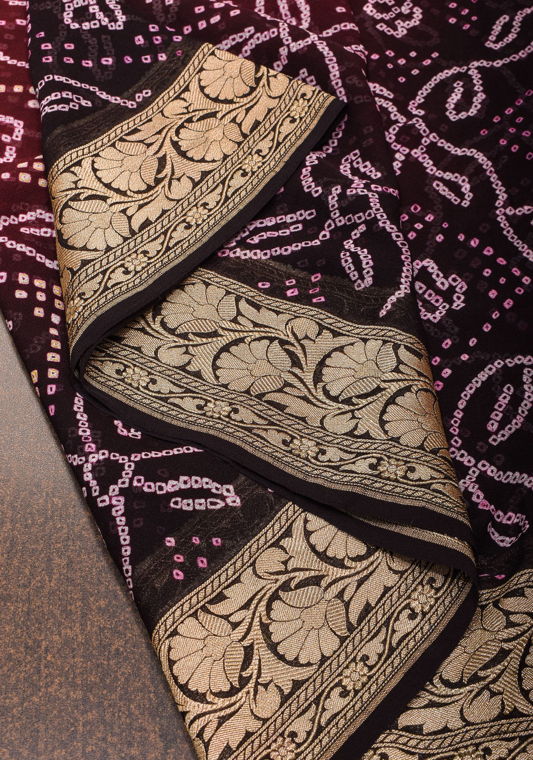 Sarkam bandhej on Banarasi silk Georgette in Brown Black Ombre | SILK MARK CERTIFIED