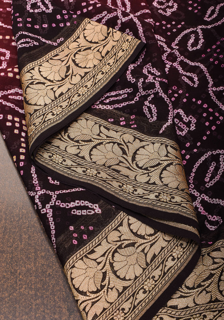 Sarkam bandhej on Banarasi silk Georgette in Brown Black Ombre | SILK MARK CERTIFIED