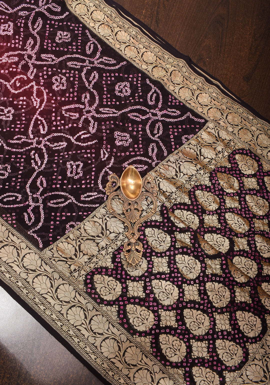 Sarkam bandhej on Banarasi silk Georgette in Brown Black Ombre | SILK MARK CERTIFIED