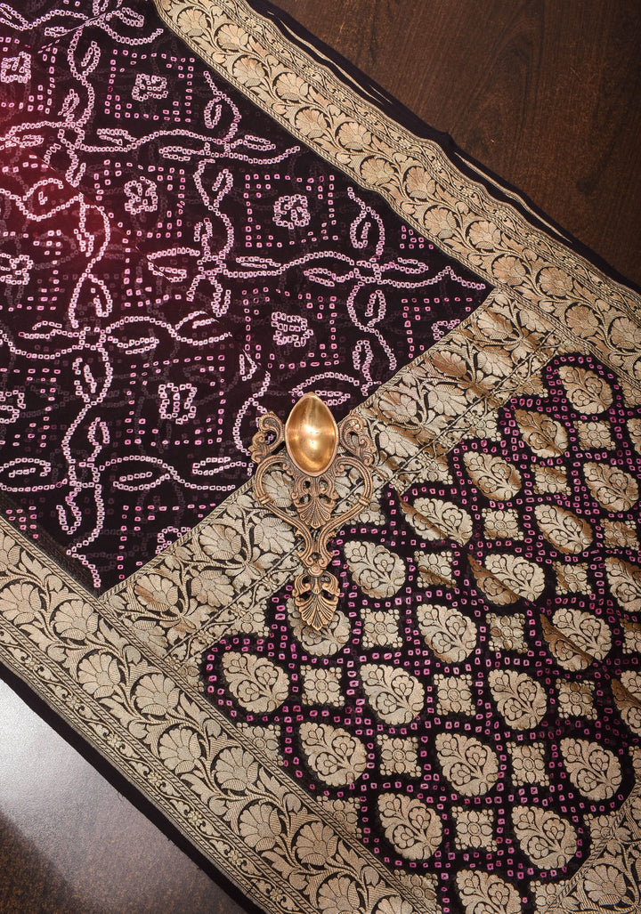 Sarkam bandhej on Banarasi silk Georgette in Brown Black Ombre | SILK MARK CERTIFIED