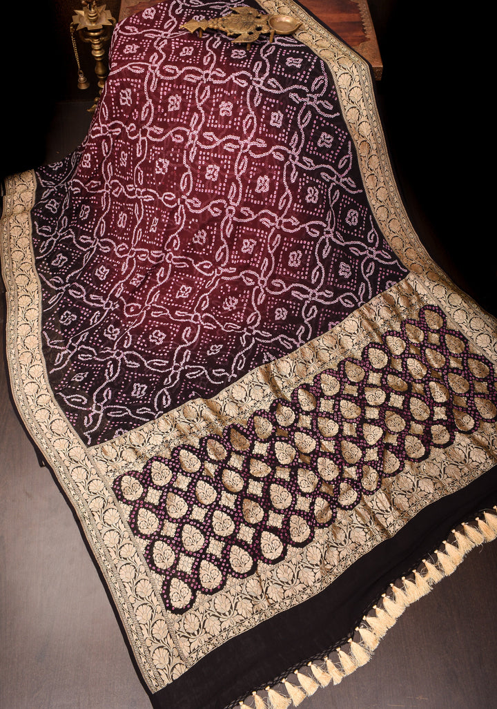 Sarkam bandhej on Banarasi silk Georgette in Brown Black Ombre | SILK MARK CERTIFIED