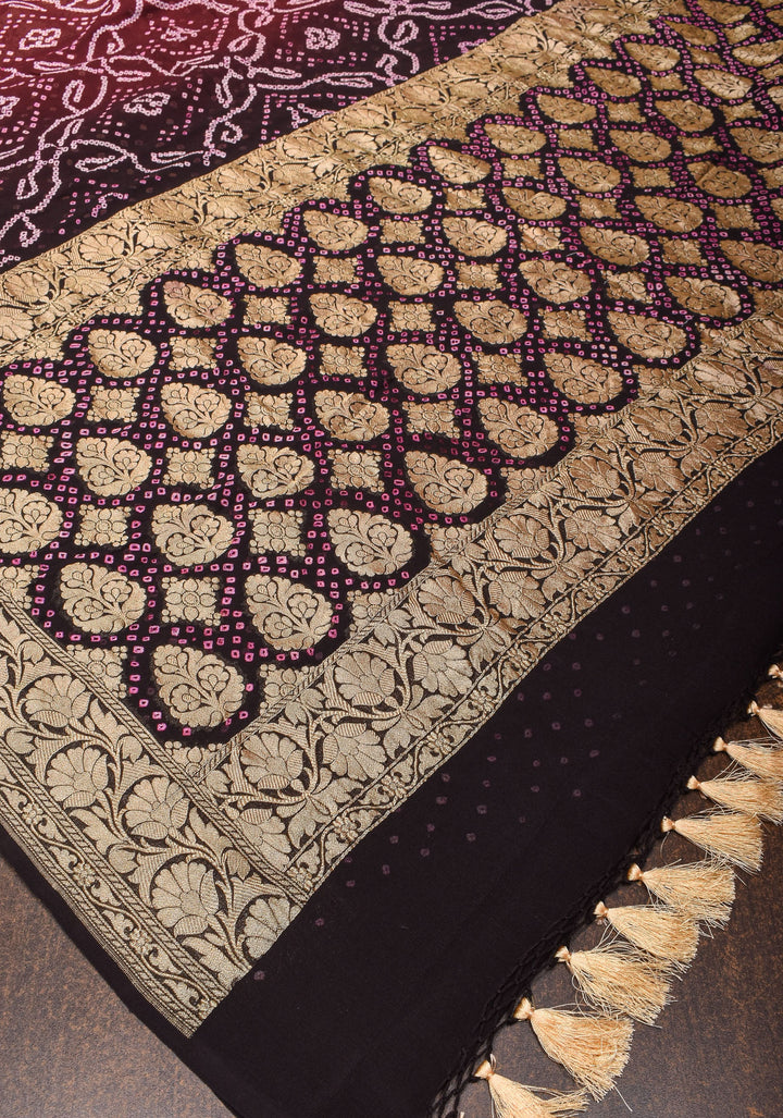 Sarkam bandhej on Banarasi silk Georgette in Brown Black Ombre | SILK MARK CERTIFIED