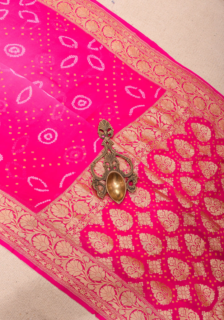Ombre Authentic Sarkam Bandhej chiffon Saree in hot pink with zari boder | SILK MARK CERTIFIED