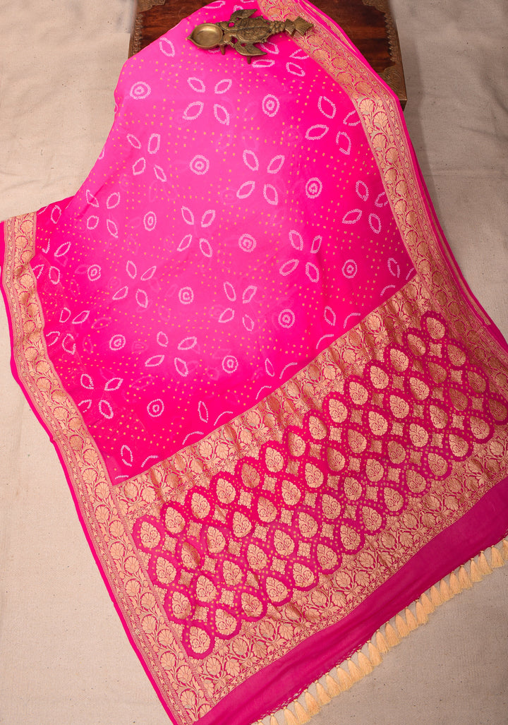 Ombre Authentic Sarkam Bandhej chiffon Saree in hot pink with zari boder | SILK MARK CERTIFIED