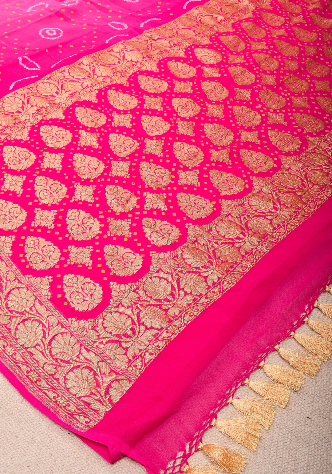 Ombre Authentic Sarkam Bandhej chiffon Saree in hot pink with zari boder | SILK MARK CERTIFIED