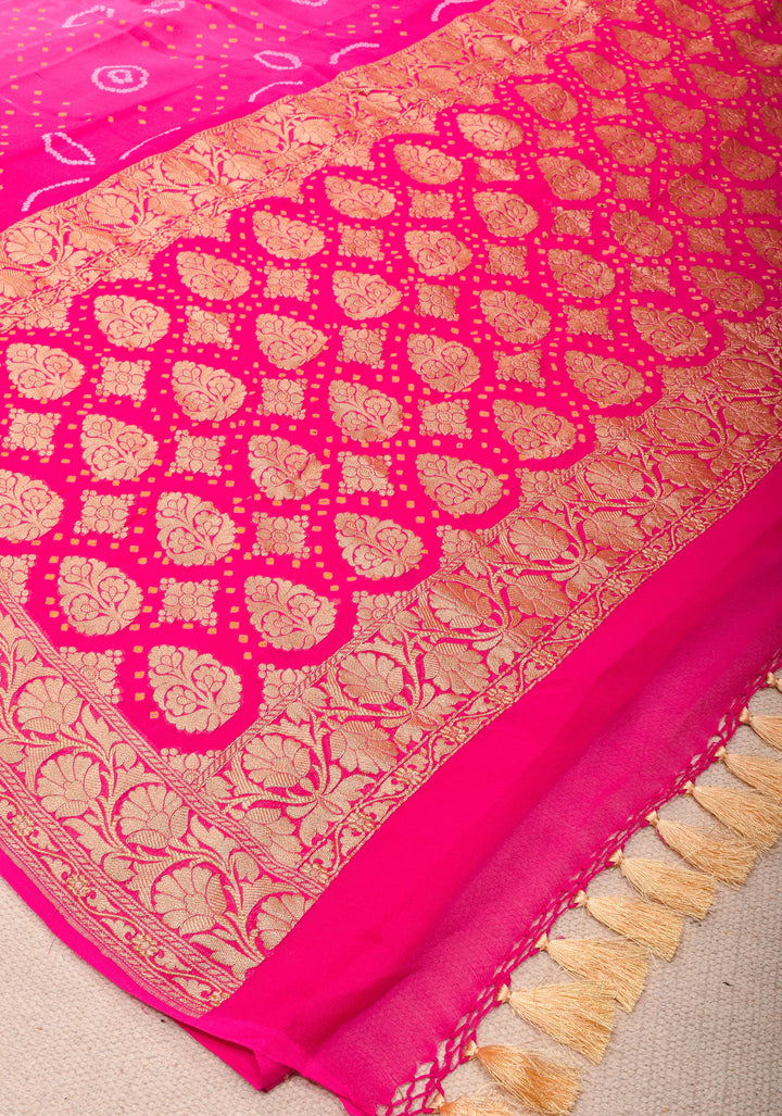 Ombre Authentic Sarkam Bandhej chiffon Saree in hot pink with zari boder | SILK MARK CERTIFIED