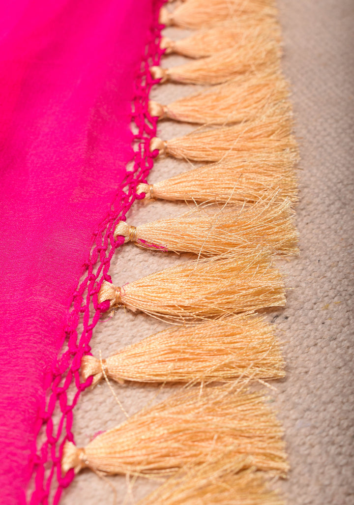 Ombre Authentic Sarkam Bandhej chiffon Saree in hot pink with zari boder | SILK MARK CERTIFIED