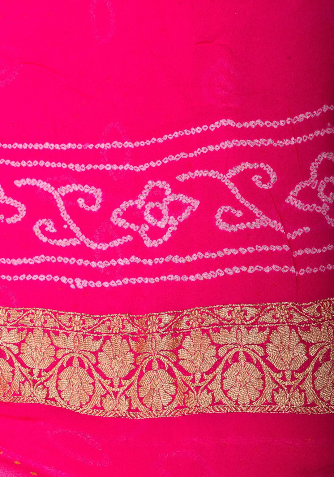 Ombre Authentic Sarkam Bandhej chiffon Saree in hot pink with zari boder | SILK MARK CERTIFIED