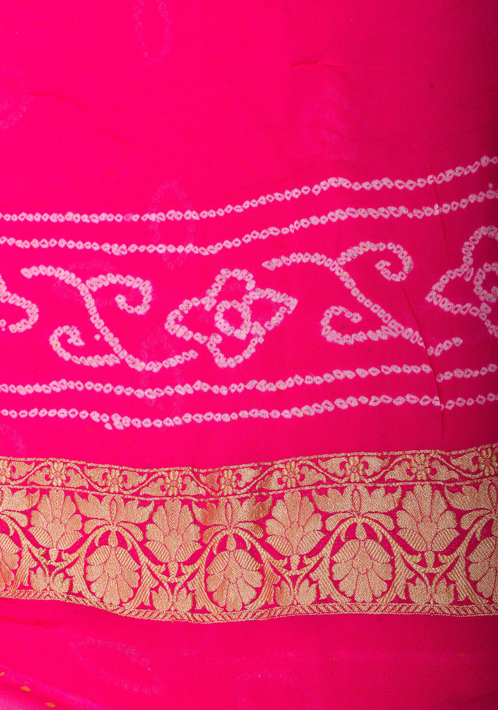Ombre Authentic Sarkam Bandhej chiffon Saree in hot pink with zari boder | SILK MARK CERTIFIED