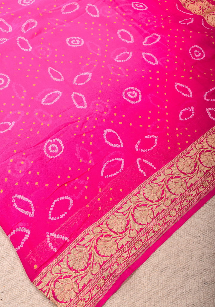 Ombre Authentic Sarkam Bandhej chiffon Saree in hot pink with zari boder | SILK MARK CERTIFIED