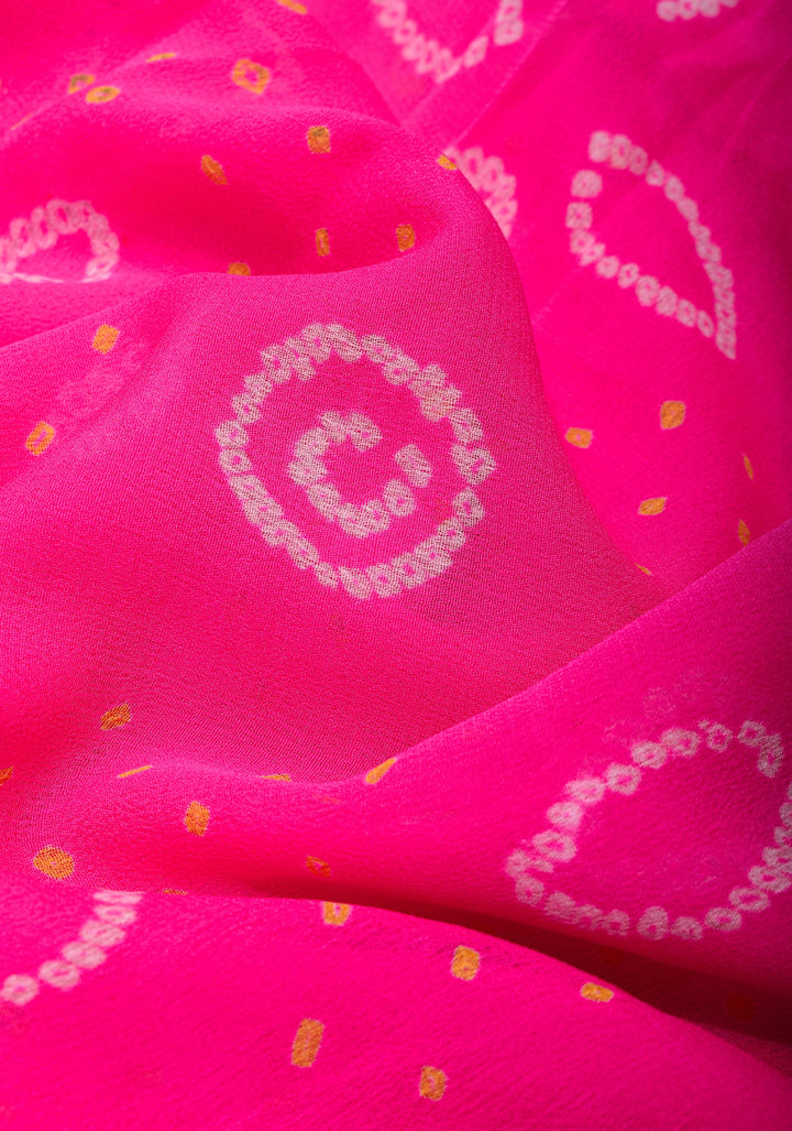 Ombre Authentic Sarkam Bandhej chiffon Saree in hot pink with zari boder | SILK MARK CERTIFIED