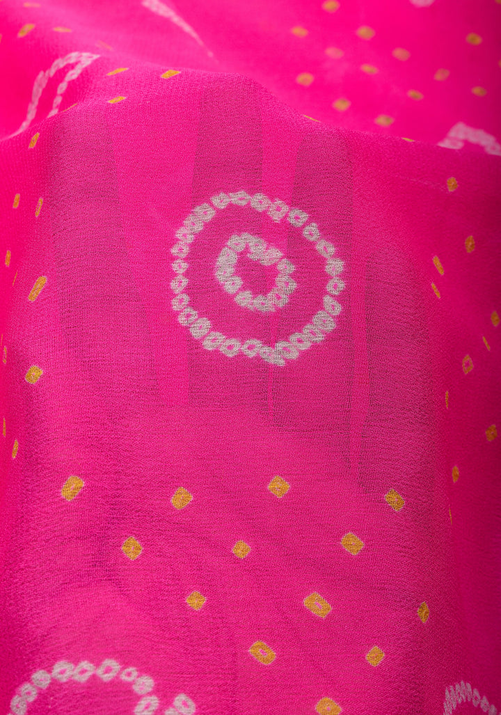 Ombre Authentic Sarkam Bandhej chiffon Saree in hot pink with zari boder | SILK MARK CERTIFIED