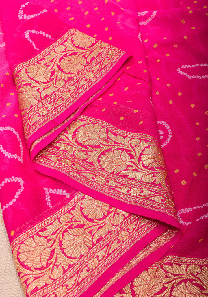 Ombre Authentic Sarkam Bandhej chiffon Saree in hot pink with zari boder | SILK MARK CERTIFIED