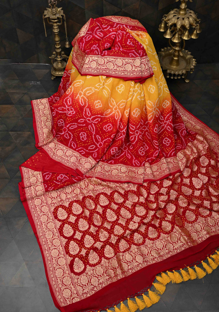 Red Yellow Shade dAuthentic  Bandhej Banarasi Silk Georgette Saree with Floral Zari Border | SILK MARK CERTIFIED