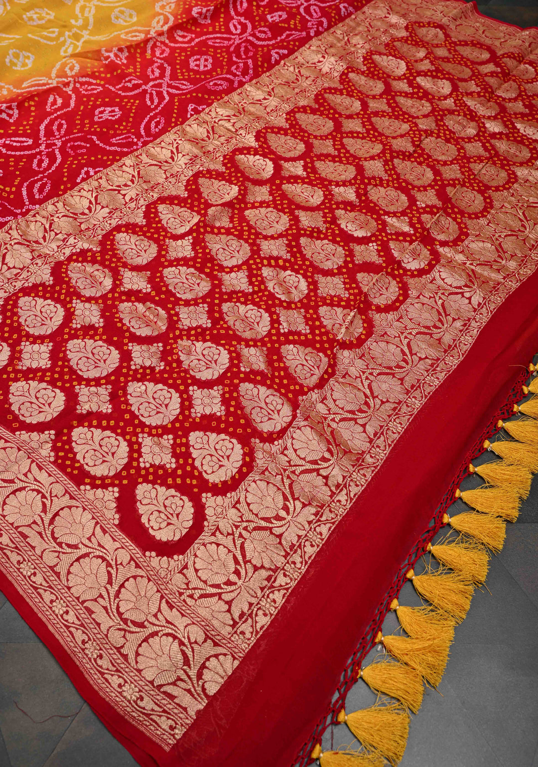 Red Yellow Shade dAuthentic  Bandhej Banarasi Silk Georgette Saree with Floral Zari Border | SILK MARK CERTIFIED
