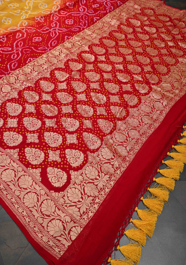 Red Yellow Shade dAuthentic  Bandhej Banarasi Silk Georgette Saree with Floral Zari Border | SILK MARK CERTIFIED