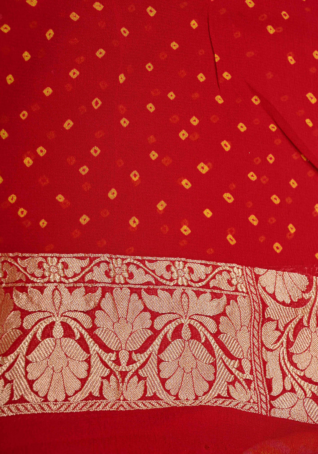 Red Yellow Shade dAuthentic  Bandhej Banarasi Silk Georgette Saree with Floral Zari Border | SILK MARK CERTIFIED
