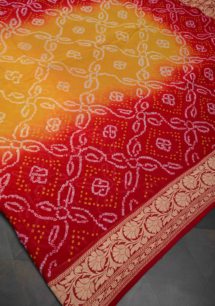 Red Yellow Shade dAuthentic  Bandhej Banarasi Silk Georgette Saree with Floral Zari Border | SILK MARK CERTIFIED