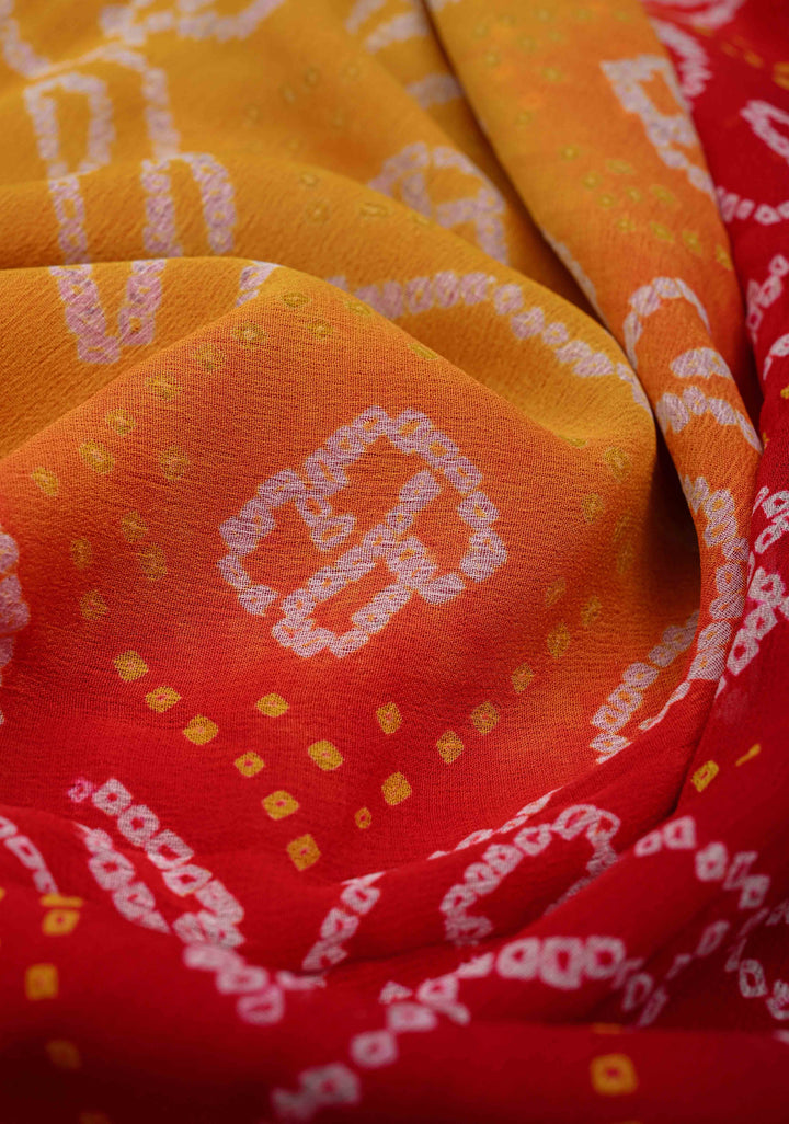Red Yellow Shade dAuthentic  Bandhej Banarasi Silk Georgette Saree with Floral Zari Border | SILK MARK CERTIFIED