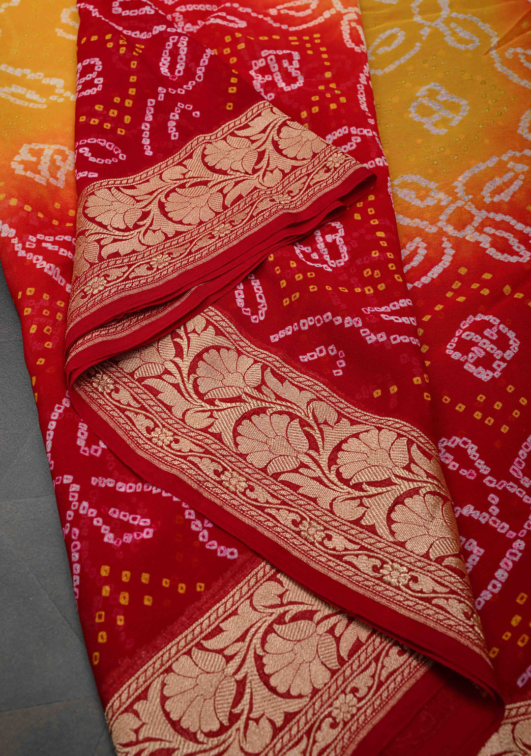 Red Yellow Shade dAuthentic  Bandhej Banarasi Silk Georgette Saree with Floral Zari Border | SILK MARK CERTIFIED