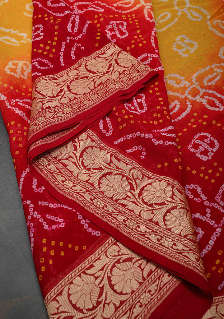 Red Yellow Shade dAuthentic  Bandhej Banarasi Silk Georgette Saree with Floral Zari Border | SILK MARK CERTIFIED