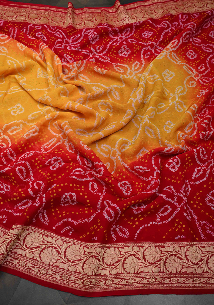 Red Yellow Shade dAuthentic  Bandhej Banarasi Silk Georgette Saree with Floral Zari Border | SILK MARK CERTIFIED