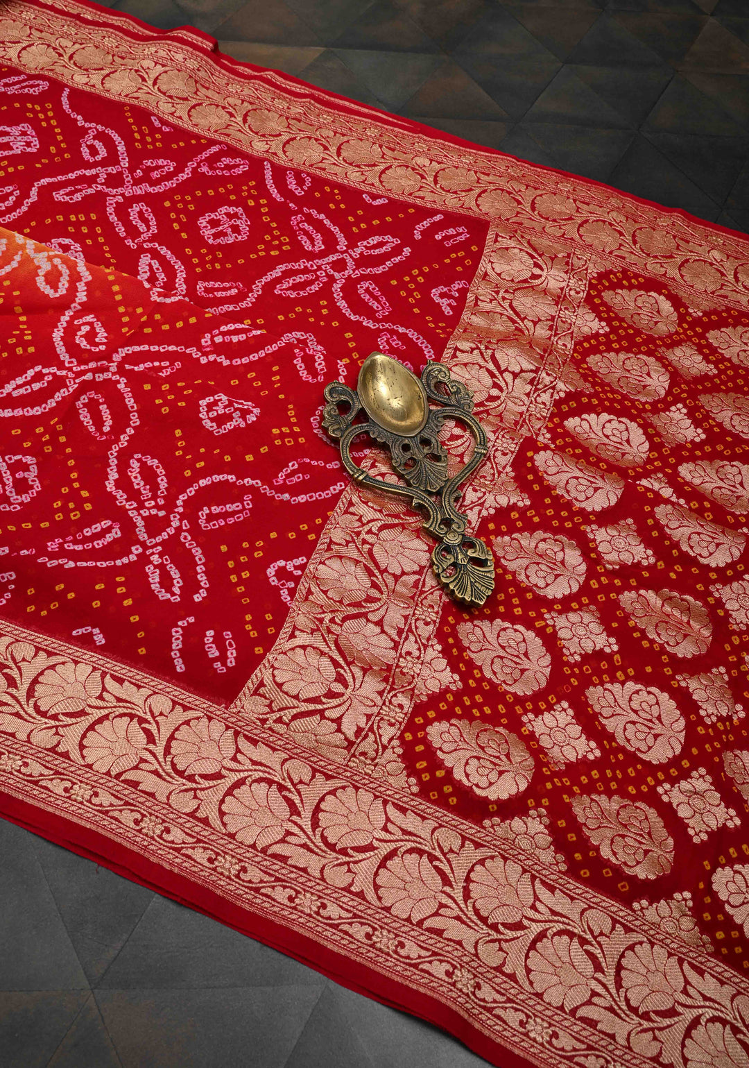 Red Yellow Shade dAuthentic  Bandhej Banarasi Silk Georgette Saree with Floral Zari Border | SILK MARK CERTIFIED