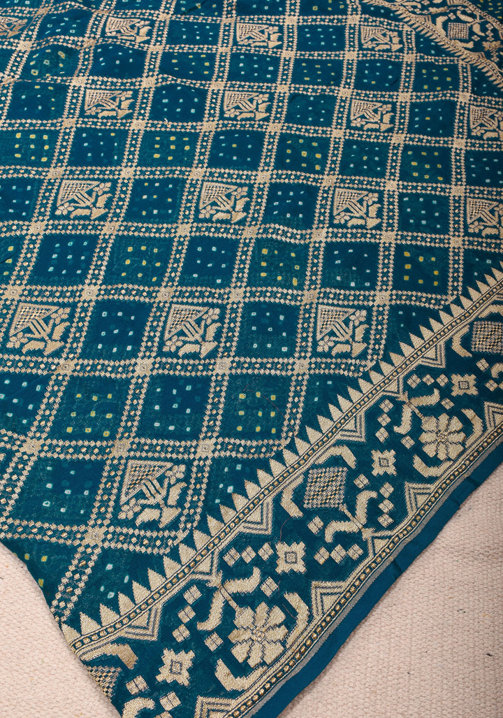 Prussian Blue Jaal Banarasi Pure Silk Georgette Saree with Elegant Contrast Border | SILK MARK CERTIFIED