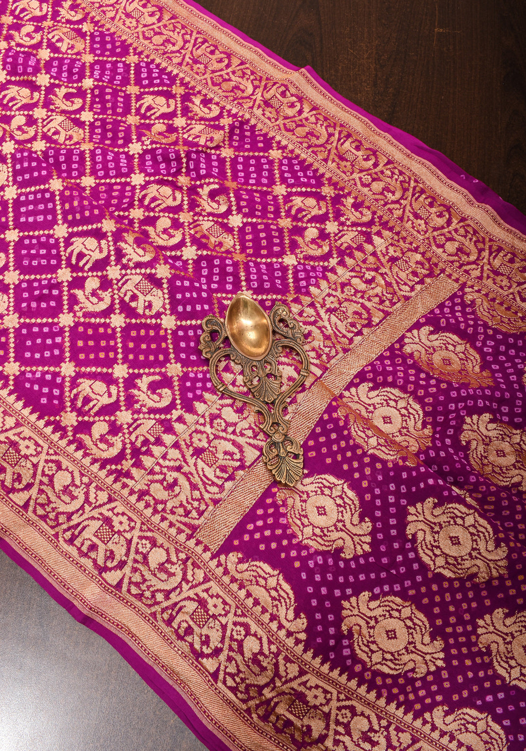 Magenta Authentic Hand Bandhej Georgette Banarasi Saree with Shikargah Zari Jaal | SILK MARK CERTIFIED