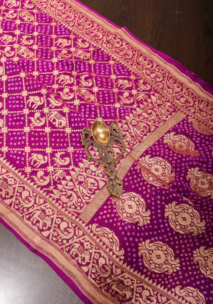 Magenta Authentic Hand Bandhej Georgette Banarasi Saree with Shikargah Zari Jaal | SILK MARK CERTIFIED