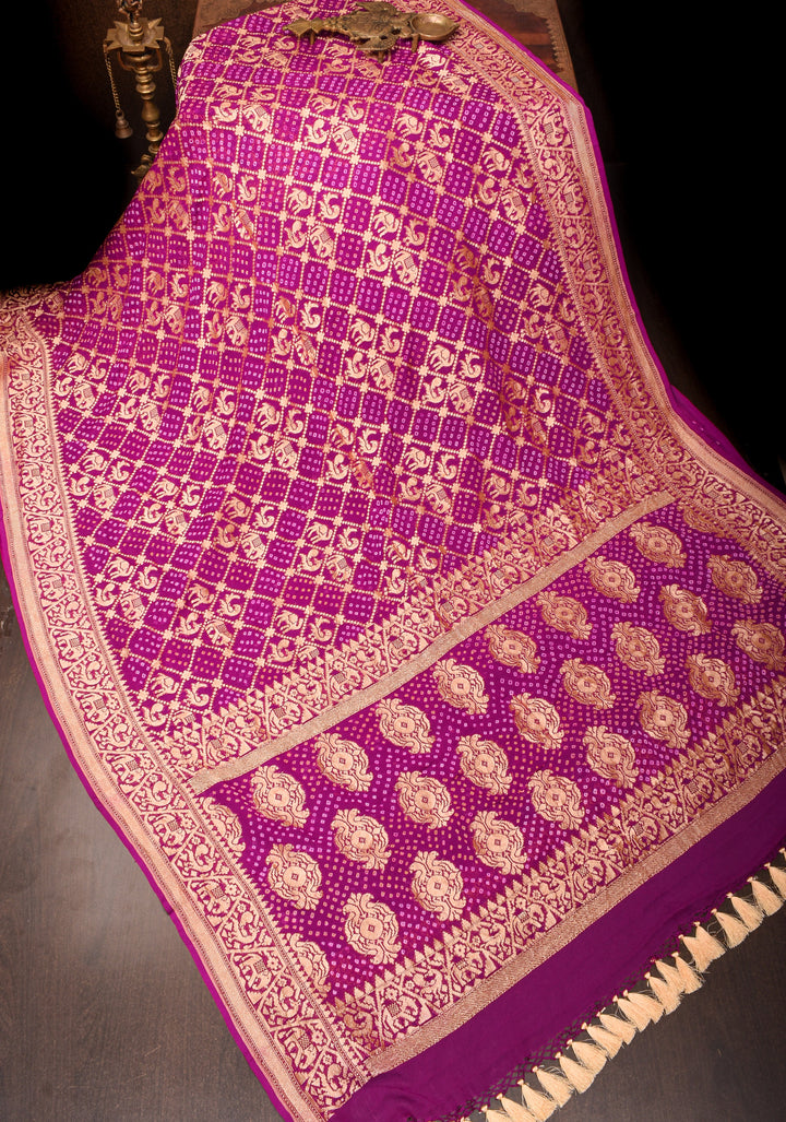 Magenta Authentic Hand Bandhej Georgette Banarasi Saree with Shikargah Zari Jaal | SILK MARK CERTIFIED