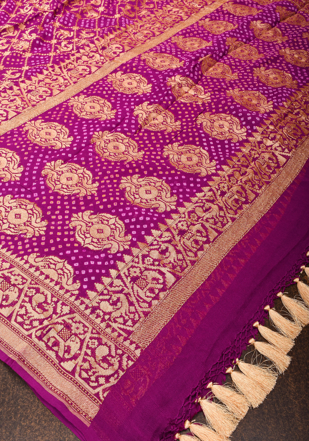 Magenta Authentic Hand Bandhej Georgette Banarasi Saree with Shikargah Zari Jaal | SILK MARK CERTIFIED
