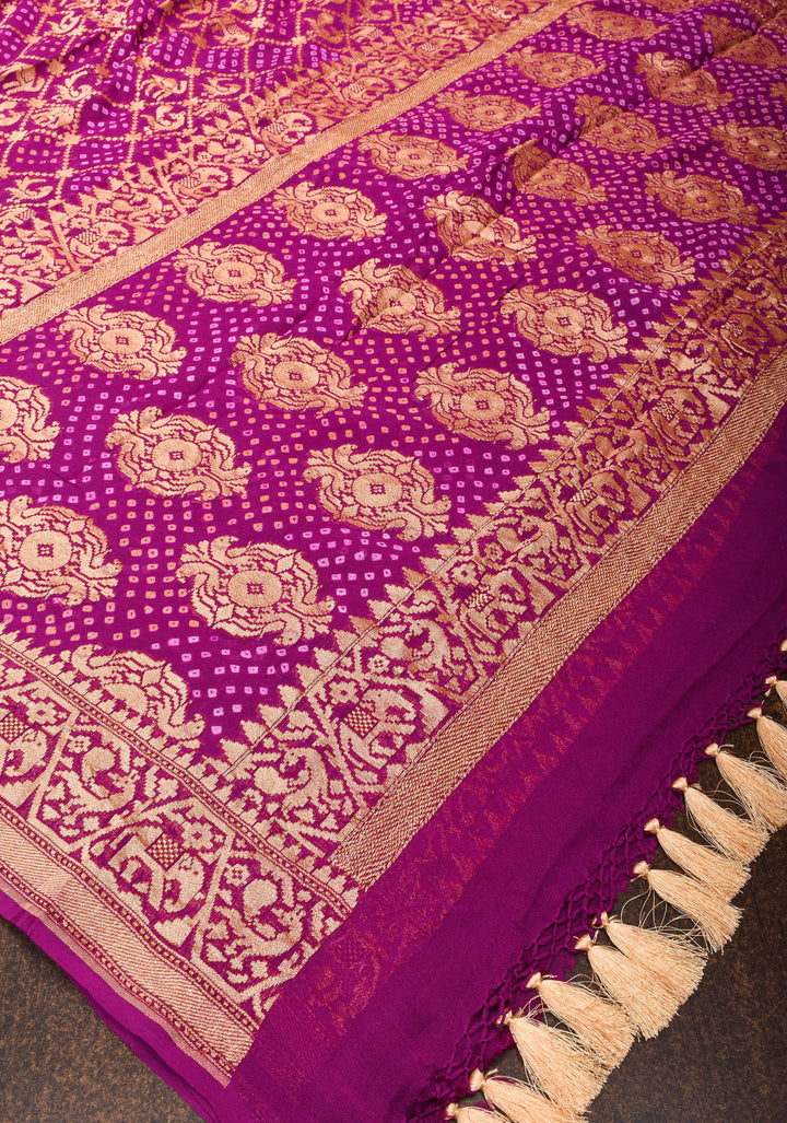 Magenta Authentic Hand Bandhej Georgette Banarasi Saree with Shikargah Zari Jaal | SILK MARK CERTIFIED