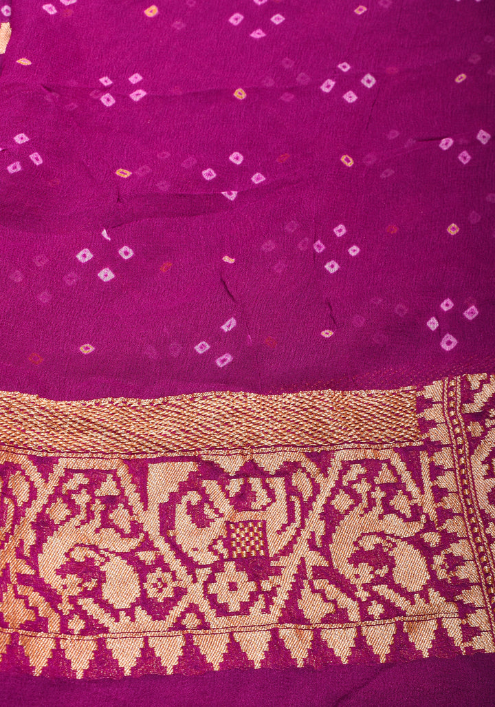 Magenta Authentic Hand Bandhej Georgette Banarasi Saree with Shikargah Zari Jaal | SILK MARK CERTIFIED