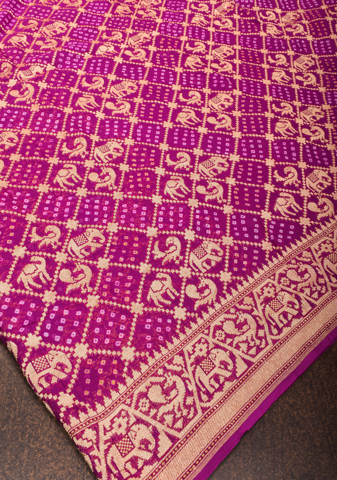 Magenta Authentic Hand Bandhej Georgette Banarasi Saree with Shikargah Zari Jaal | SILK MARK CERTIFIED