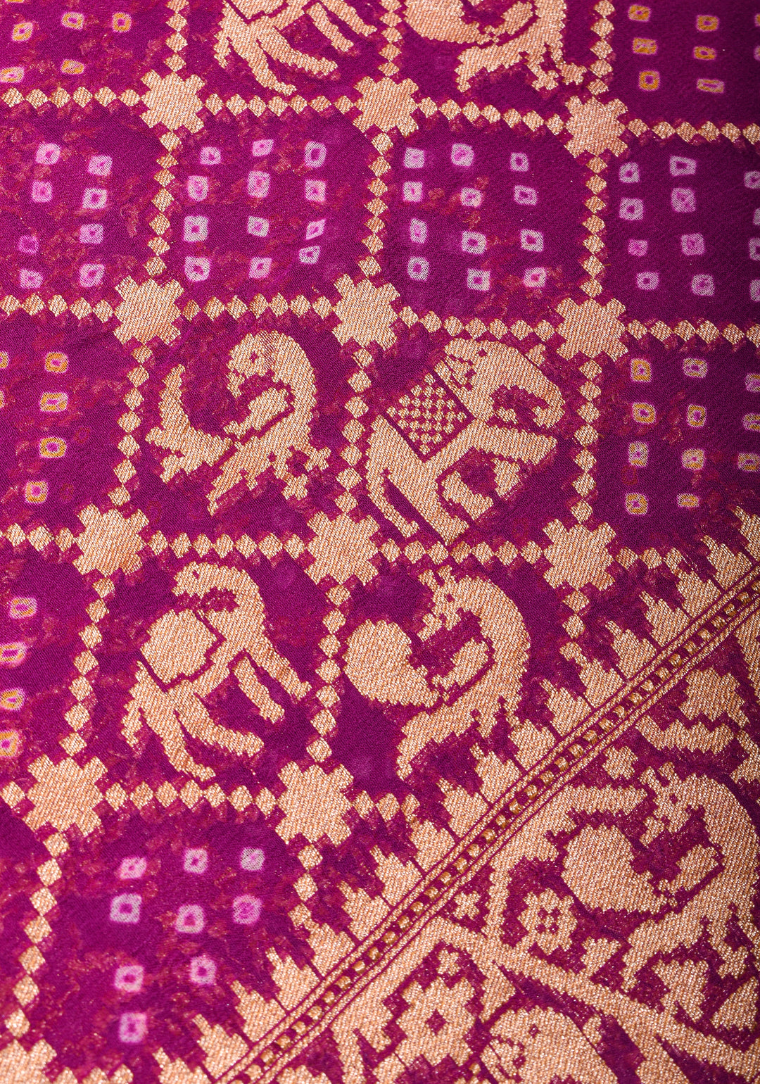 Magenta Authentic Hand Bandhej Georgette Banarasi Saree with Shikargah Zari Jaal | SILK MARK CERTIFIED