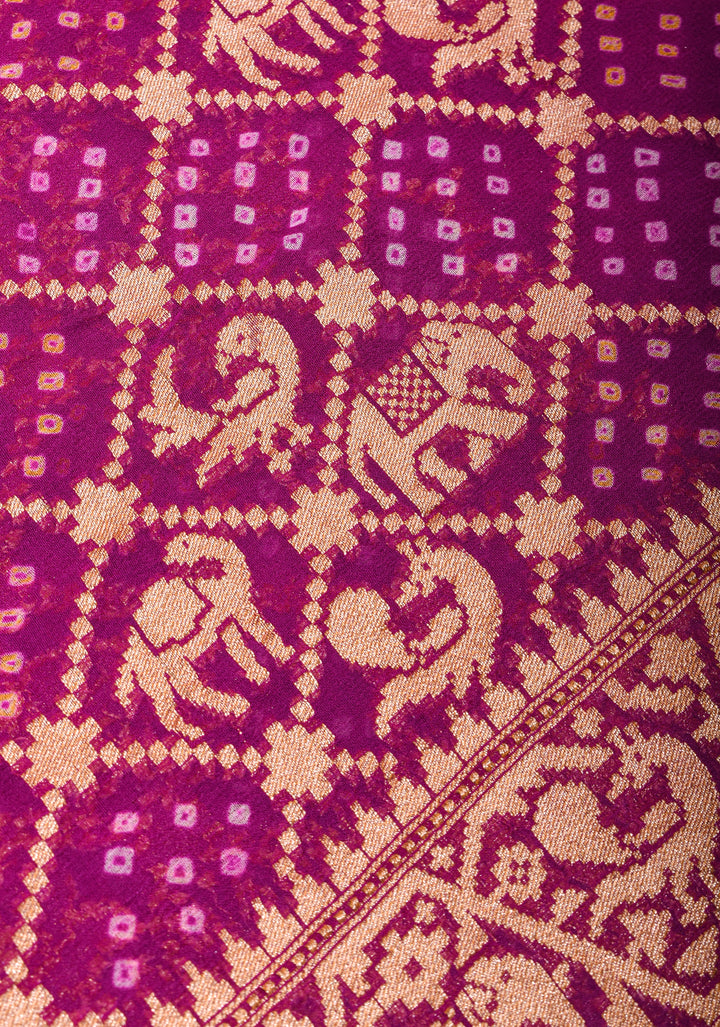 Magenta Authentic Hand Bandhej Georgette Banarasi Saree with Shikargah Zari Jaal | SILK MARK CERTIFIED