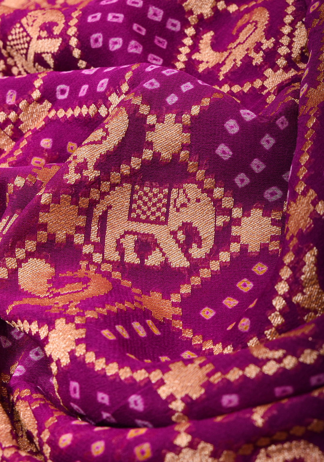 Magenta Authentic Hand Bandhej Georgette Banarasi Saree with Shikargah Zari Jaal | SILK MARK CERTIFIED