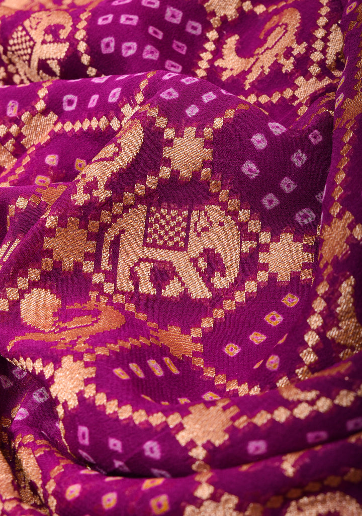 Magenta Authentic Hand Bandhej Georgette Banarasi Saree with Shikargah Zari Jaal | SILK MARK CERTIFIED