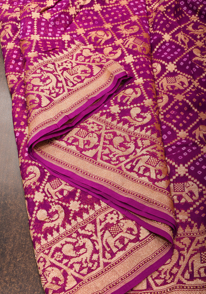 Magenta Authentic Hand Bandhej Georgette Banarasi Saree with Shikargah Zari Jaal | SILK MARK CERTIFIED