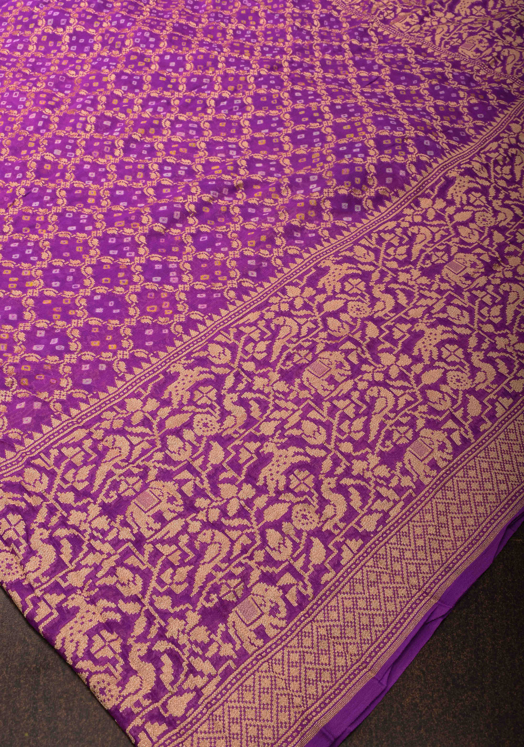 Lavender Authentic Hand Bandhej Banarasi Silk Georgette Saree with  Shikargah Skirt Border | SILK MARK CERTIFIED