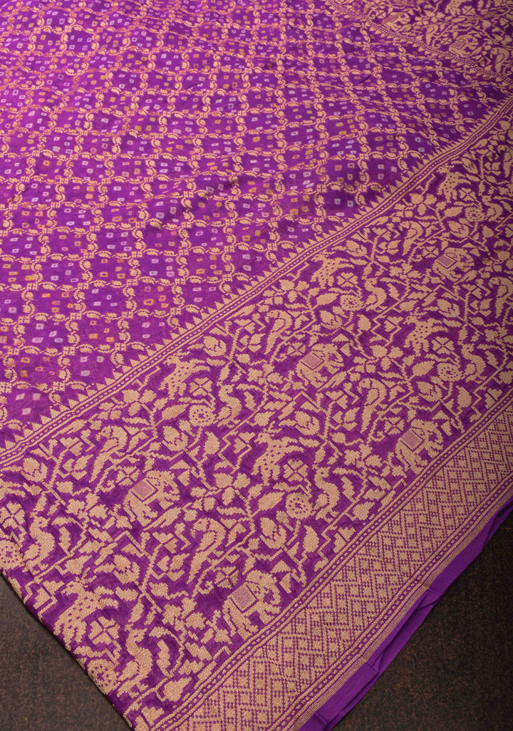 Lavender Authentic Hand Bandhej Banarasi Silk Georgette Saree with  Shikargah Skirt Border | SILK MARK CERTIFIED