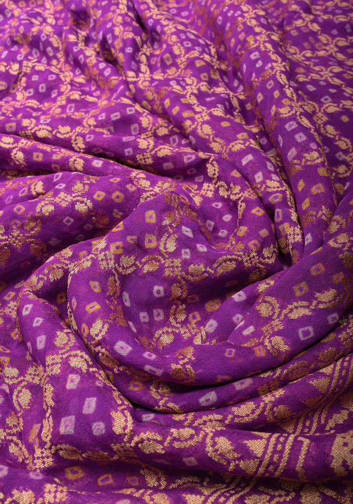 Lavender Authentic Hand Bandhej Banarasi Silk Georgette Saree with  Shikargah Skirt Border | SILK MARK CERTIFIED