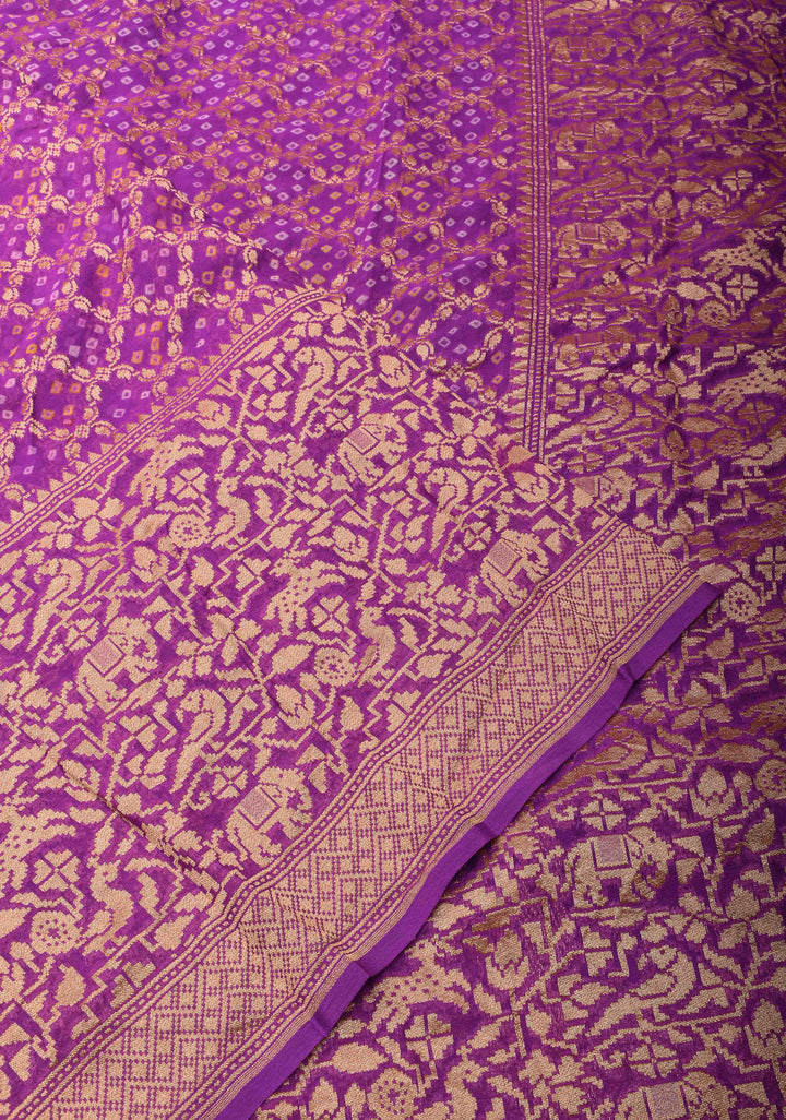 Lavender Authentic Hand Bandhej Banarasi Silk Georgette Saree with  Shikargah Skirt Border | SILK MARK CERTIFIED