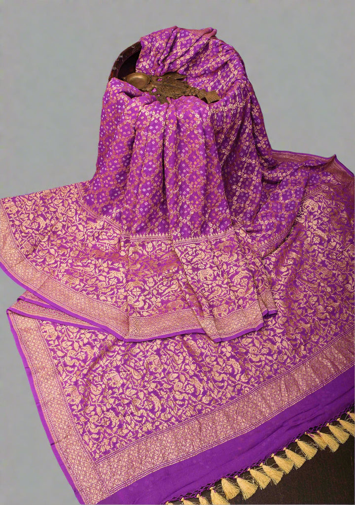 Lavender Authentic Hand Bandhej Banarasi Silk Georgette Saree with  Shikargah Skirt Border | SILK MARK CERTIFIED