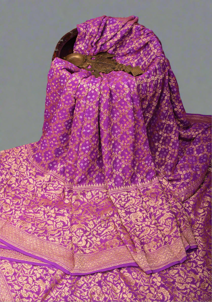Lavender Authentic Hand Bandhej Banarasi Silk Georgette Saree with  Shikargah Skirt Border | SILK MARK CERTIFIED