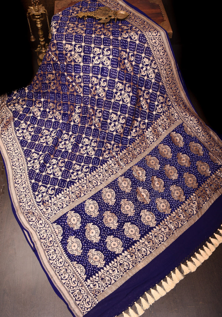 Voilet Authentic Hand Bandhej Georgette Banarasi Saree with Shikargah zari jaal | SILK MARK CERTIFIED