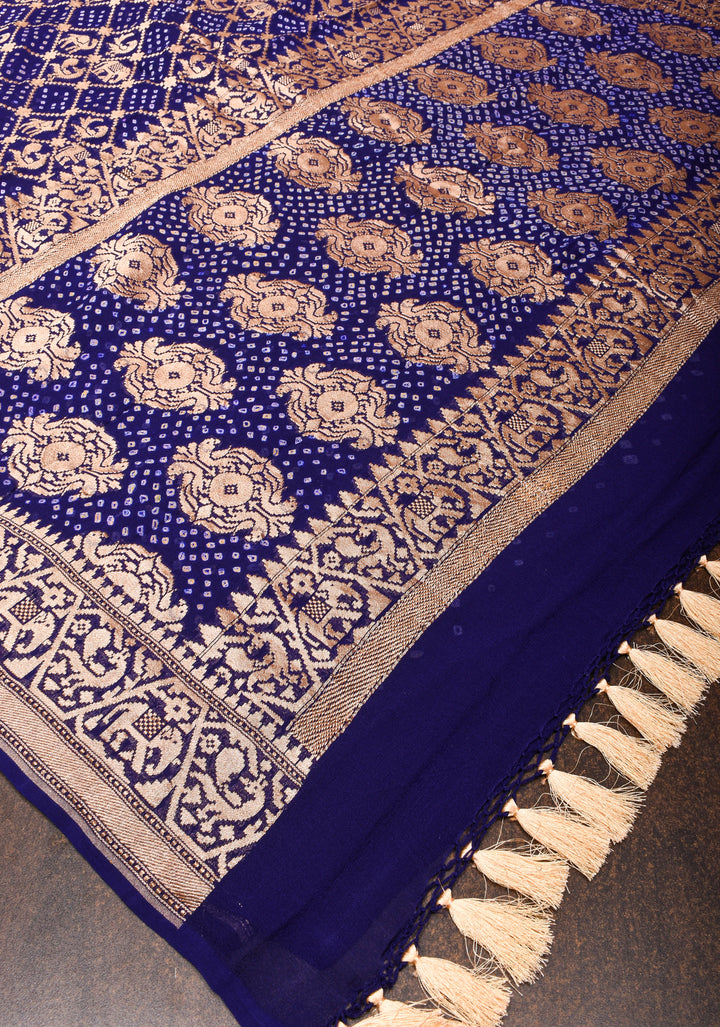 Voilet Authentic Hand Bandhej Georgette Banarasi Saree with Shikargah zari jaal | SILK MARK CERTIFIED