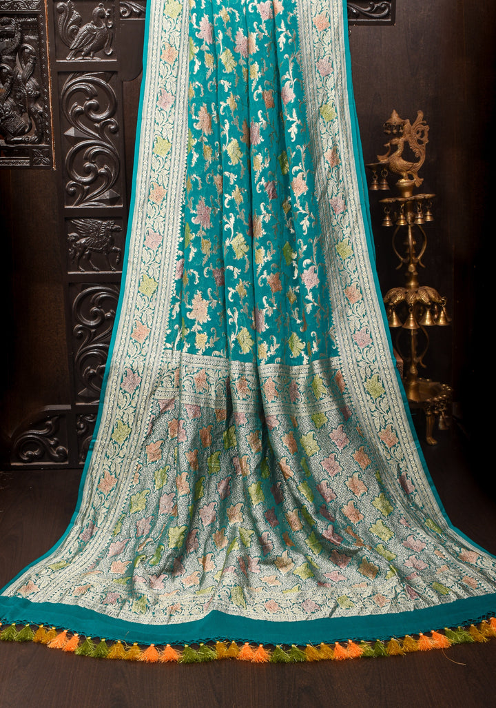 Hand Brush Dye Banarasi Georgette Saree in Teal with Floral Jaal and Zari Border | SILK MARK CERTIFIED