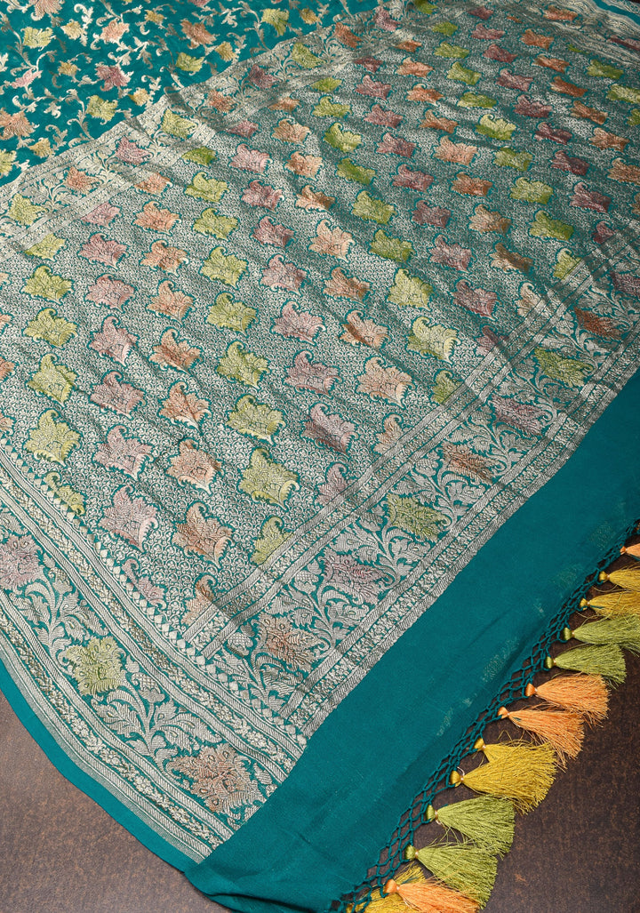 Hand Brush Dye Banarasi Georgette Saree in Teal with Floral Jaal and Zari Border | SILK MARK CERTIFIED